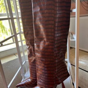 Croc-Embossed Tall Brown Pointed-Toe Boots
